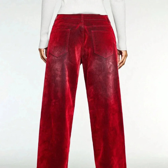 Red Casual Women's Fleeced Thick Loose High Waist Wide Leg Jeans - Picture 2 of 6